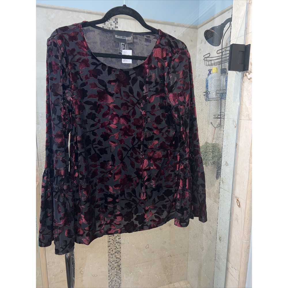 Frank Lyman Womens Top Blouse Black Red Sheer Burnout Bell Sleeve 8 183780